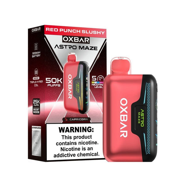 Oxbar Astro Maze disposable vape with adjustable nicotine, offering up to 50,000 puffs in a sleek design.