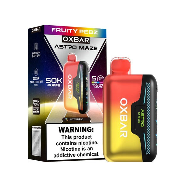 Oxbar Astro Maze 50k disposable vape with adjustable nicotine, featuring a sleek design and visible mouthpiece.