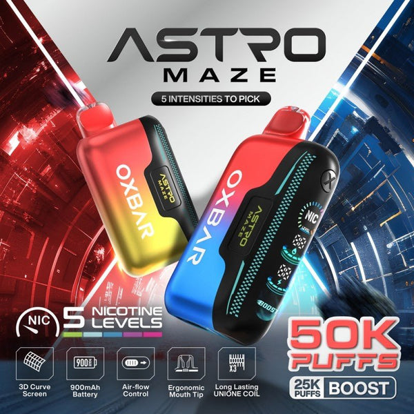 Oxbar Astro Maze 50k disposable vape with adjustable nicotine, shown with sleek design and compact size.