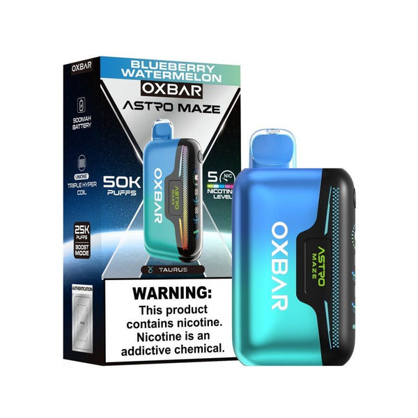 Oxbar Astro Maze 50k disposable vape device with adjustable nicotine, designed for up to 50,000 puffs.