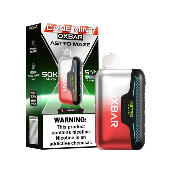 Oxbar Astro Maze 50k disposable vape showing sleek design with adjustable nicotine and long-lasting puff capacity.