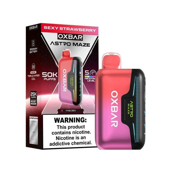 Oxbar Astro Maze 50k disposable vape with adjustable nicotine, featuring a sleek design and compact size for on-the-go vaping.