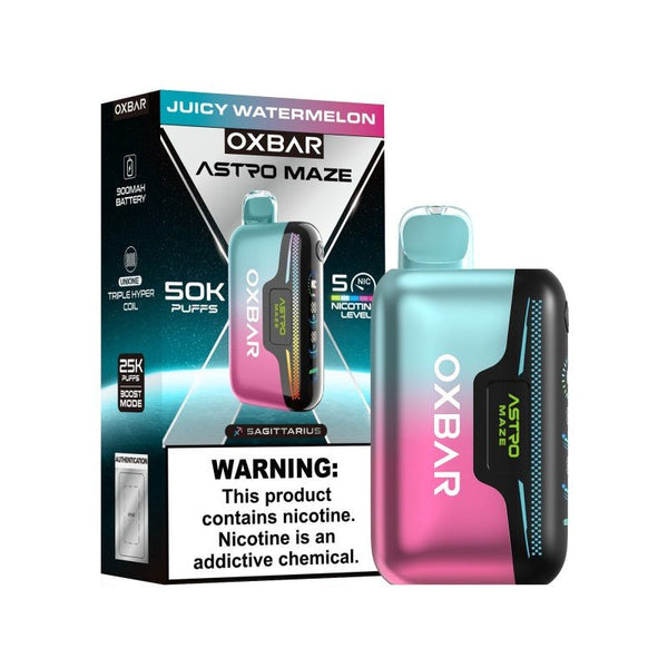Oxbar Astro Maze 50k disposable vape, sleek design with adjustable nicotine, delivers up to 50,000 puffs.