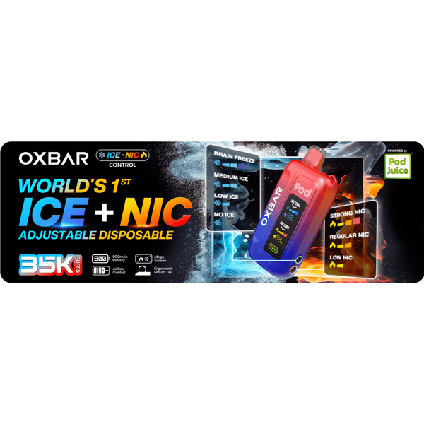 Oxbar ICE-NIC Control 35K Puff disposable vape device with sleek design and transparent mouthpiece.