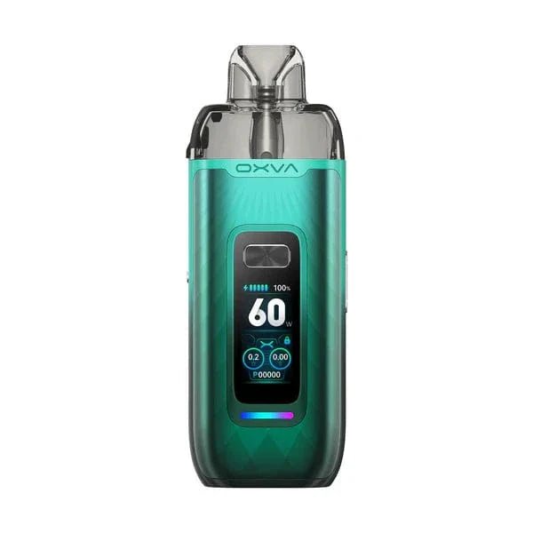 OXVA VPRIME 60W Pod System hardware with sleek design, featuring the device with a pod cartridge and adjustable wattage controls