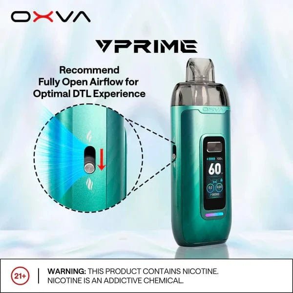 OXVA VPRIME 60W Pod System hardware with sleek design and adjustable wattage display, featuring a compact portable vaporizer device.