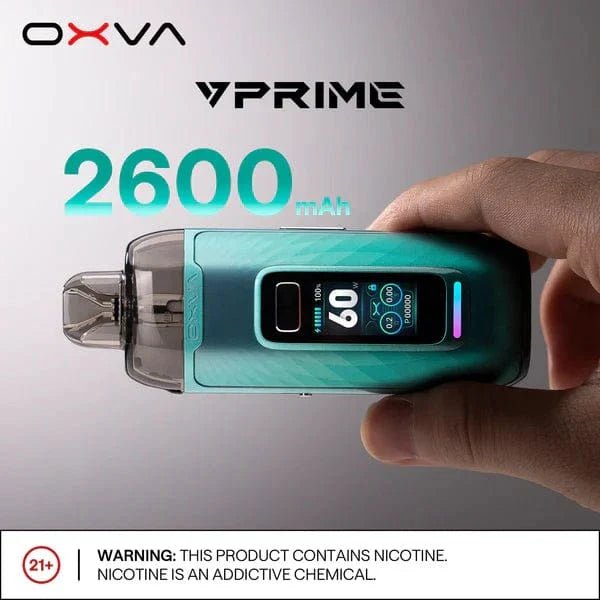 OXVA VPRIME 60W Pod System hardware with sleek design, compact size, and integrated mouthpiece for vaping enjoyment.