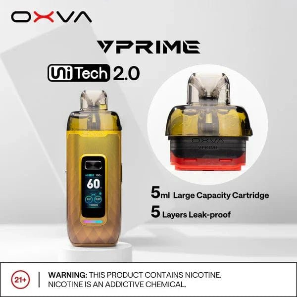 OXVA VPRIME 60W pod system hardware showing sleek design with mouthpiece and adjustable wattage buttons.
