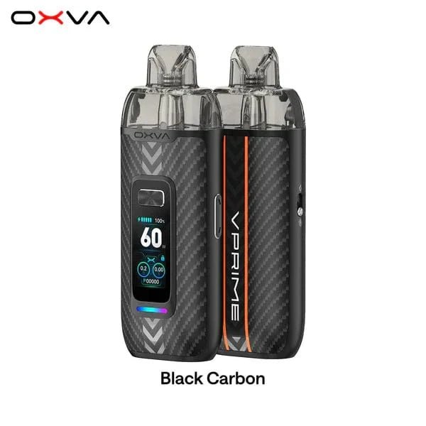 OXVA VPRIME 60W Pod System hardware showing sleek compact design with textured surface and adjustable wattage controls.