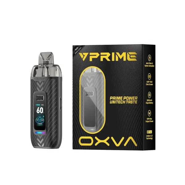 OXVA VPRIME 60W Pod System hardware showing a sleek black vape device with a compact design and replaceable pod system.