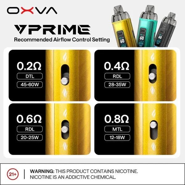OXVA VPRIME 60W Pod System hardware with sleek design and user interface, featuring a compact, portable vaping device in black and silver.