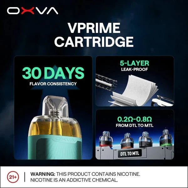 OXVA VPRIME replacement pods for vape devices, showing clear side view of the OXVA brand vape part.