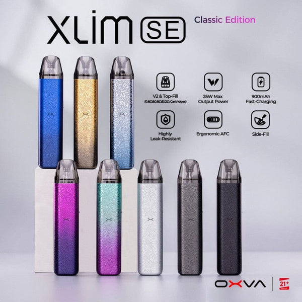 OXVA XLIM SE Classic 25W vape pod system with sleek design and compact build, featuring adjustable airflow and replaceable pod.