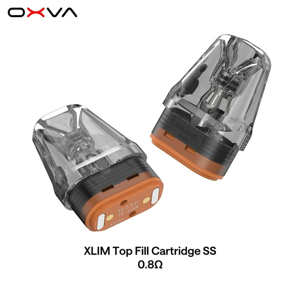 OXVA XLIM vape top-fill stainless steel replacement pods, compatible with OXVA devices, shown with open top for refilling.