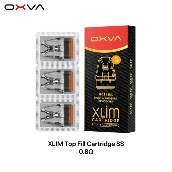 OXVA XLIM top-fill stainless steel replacement vape pods showing the pod design and fill port for easy refilling.