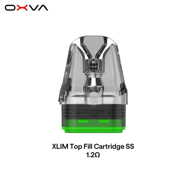 OXVA XLIM top-fill stainless steel replacement pods for vape device, showing the sleek design and filling port.