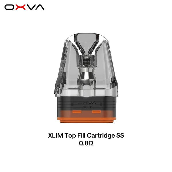 OXVA XLIM top-fill stainless steel replacement pods for vape device, showing the sleek, durable design and filling port.