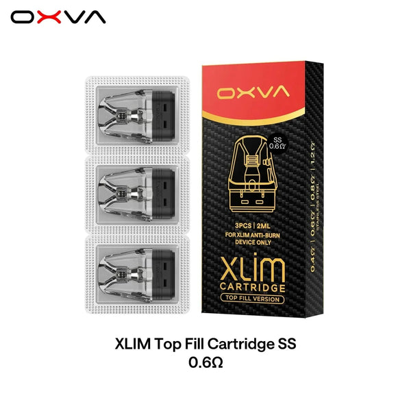 OXVA XLIM stainless steel replacement pods for vape device, top-fill design, compatible with OXVA XLIM vape system.