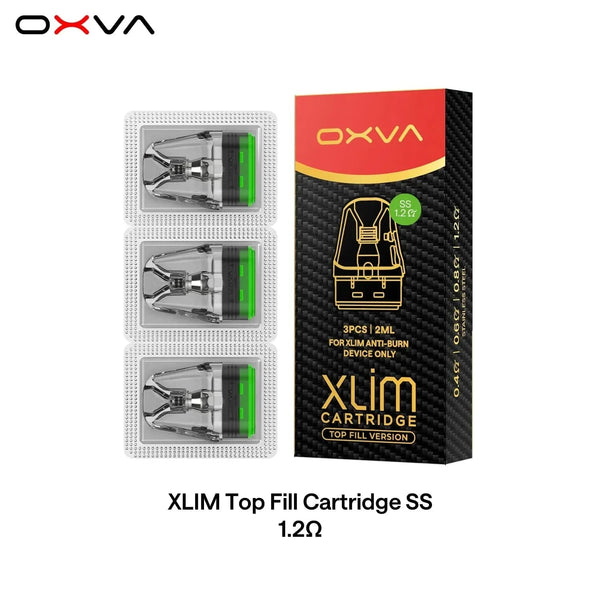 OXVA XLIM top-fill stainless steel replacement pods for vape device, showcasing the sleek, durable design and fill port.