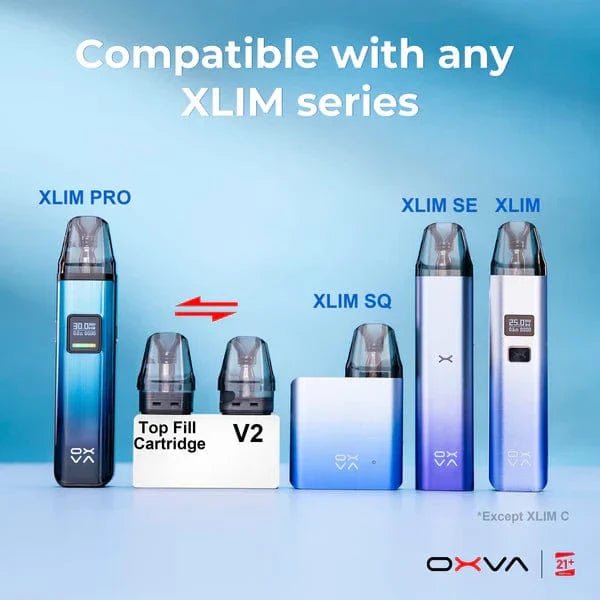 OXVA XLIM Top-Fill V3 replacement pods for vape device, showing clear e-liquid fill ports and compatible cartridge design.
