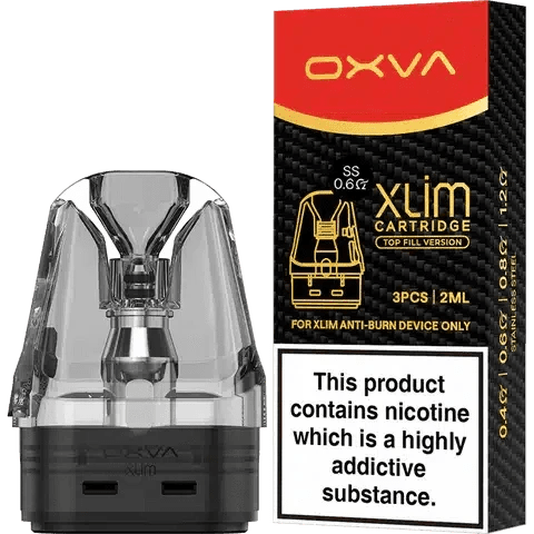 OXVA XLIM Top-Fill V3 vape replacement pods showing transparent design with fill port and coil connection area.