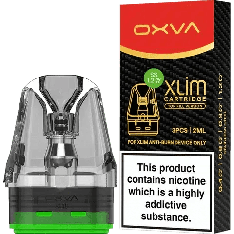 Oxva XLIM Top-Fill V3 replacement pods for vape device, shown in black with clear e-liquid window and ergonomic design.