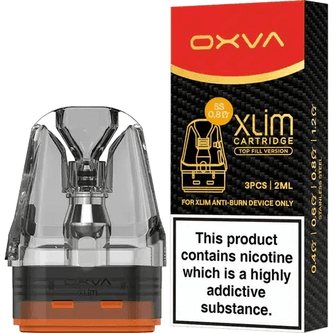 OXVA XLIM Top-Fill V3 replacement vape pods showing clear cartridge with mouthpiece and fill port for easy refilling.
