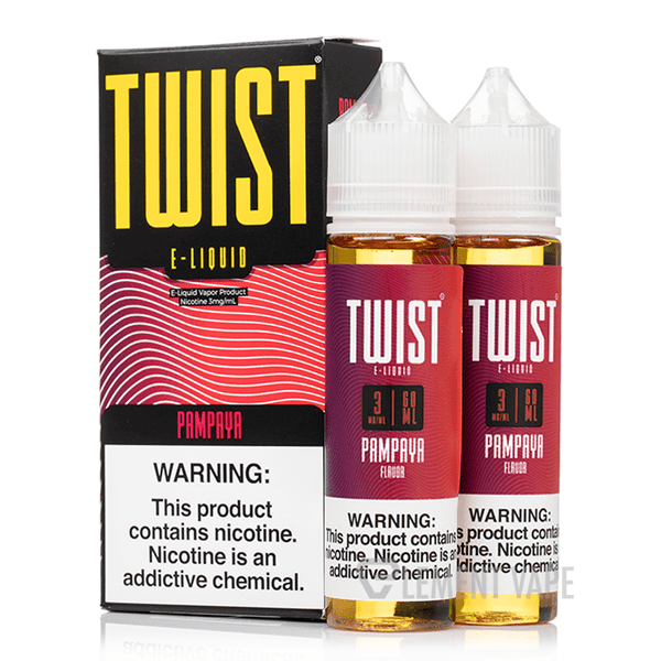 Pampaya Twist E-Liquids 120mL e-liquid bottle with vibrant label, featuring tropical fruit imagery and Twist E-liquids branding.