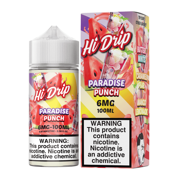 Bottle of Hi Drip Paradise Punch e-liquid in 100mL size with vibrant fruit punch flavor and colorful packaging.