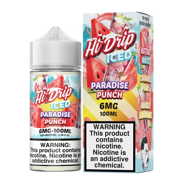 Hi Drip Paradise Punch ICED e-liquid bottle, 100mL with vibrant label, featuring tropical fruit and cool mint flavor design.