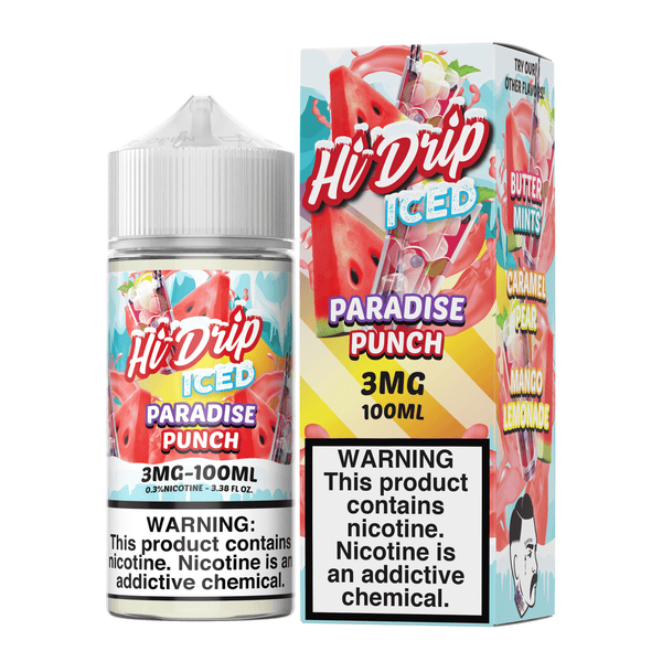 Hi Drip Paradise Punch ICED e-liquid bottle, 100mL, with vibrant tropical fruit and icy menthol flavor details visible.
