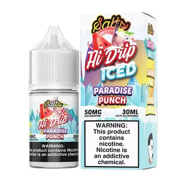 Hi Drip Paradise Punch Iced Salt E-liquid in 30mL bottle with vibrant tropical fruit and cool mint flavor.