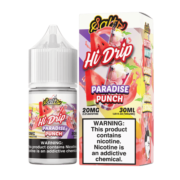 Hi Drip Paradise Punch SALT e-liquid 30mL bottle showing colorful label and packaging for vaping flavor.