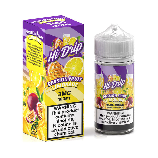 Hi Drip Passion Fruit Lemonade E-liquid bottle, 100mL, with vibrant label showcasing a refreshing citrus and passion fruit flavor.