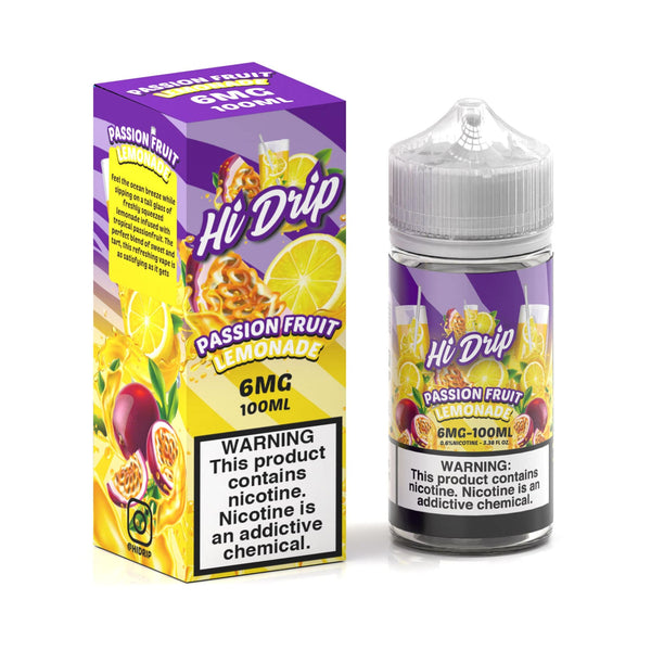 Passion Fruit Lemonade Hi Drip e-liquid bottle, 100mL, with vibrant label featuring passion fruit and lemon illustrations.