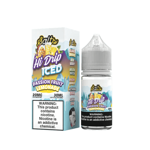 Passion Fruit Lemonade Iced Salt e-liquid by Hi Drip in 30mL bottle, featuring a refreshing passion fruit and lemonade flavor with icy finish.