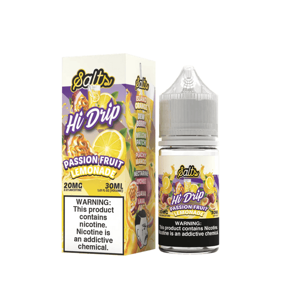 Hi Drip Passion Fruit Lemonade SALT e-liquid bottle, 30mL, featuring vibrant passion fruit and refreshing lemonade flavor.