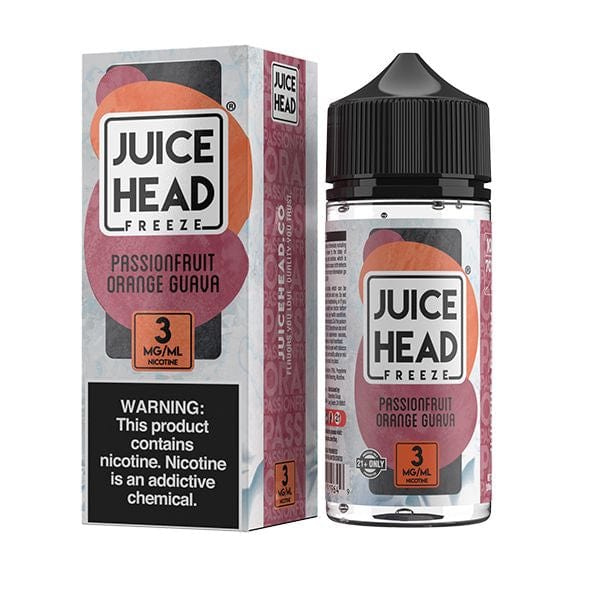 Juice Head Passionfruit Orange Guava Freeze e-liquid bottle, 100mL, with vibrant fruit flavor label and colorful design.