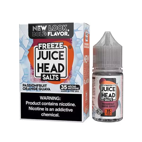 Juice Head Passionfruit Orange Guava Freeze Salt E-liquid bottle, 30mL, with vibrant fruit flavor label.