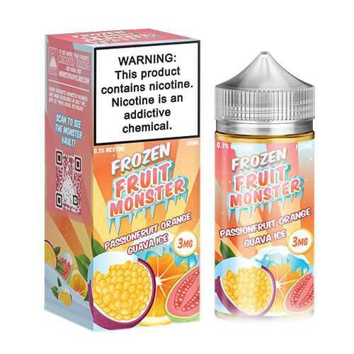 Passionfruit Orange Guava ICE E-liquid by Fruit Monster in a 100mL bottle, featuring vibrant passionfruit, orange, guava flavors with icy menthol.