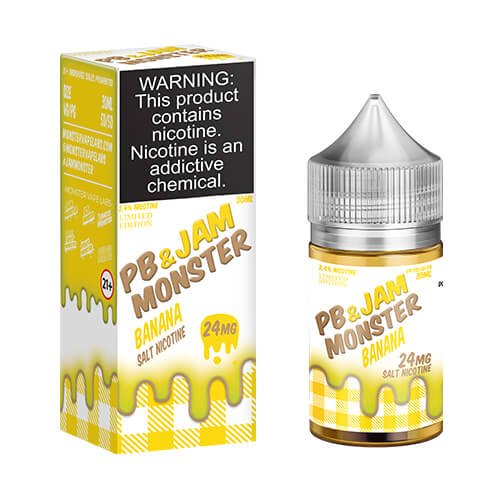 Banana and peanut butter salt e-liquid by Jam Monster E-Liquid in a 30mL bottle, featuring vibrant packaging and branding.