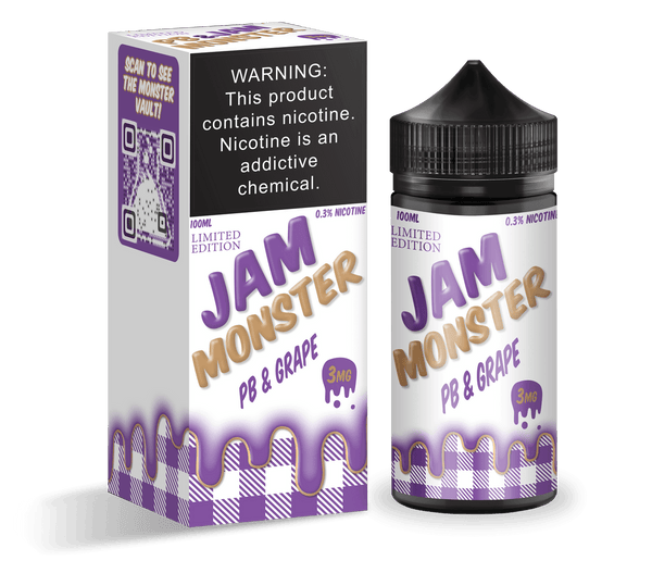 PB and Grape Jam Monster E-liquid 100mL bottle with colorful label, featuring peanut butter and grape jam flavor design.