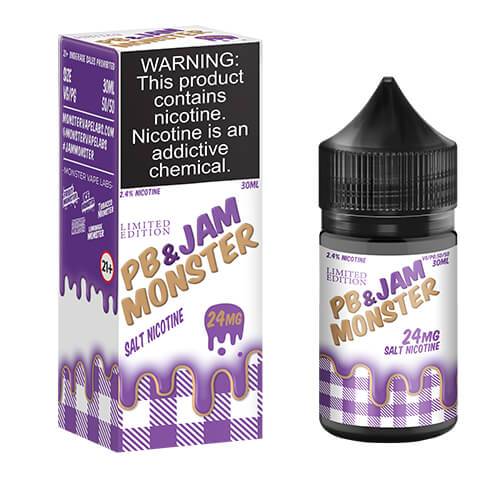 Bottle of PB and Grape Salt e-liquid by Jam Monster E-Liquid in 30mL bottle, featuring a colorful label with peanut butter and grape imagery.