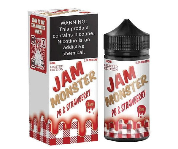 PB and Strawberry E-liquid by Jam Monster in 100mL bottle, featuring creamy peanut butter and fresh strawberry flavor.
