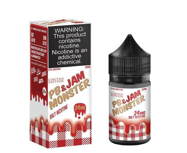 PB and Strawberry Salt e-liquid by Jam Monster E-Liquid in a 30mL bottle, featuring creamy peanut butter and ripe strawberry flavor.