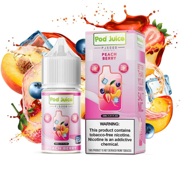 Peach Berry Salt E-liquid by Pod Juice, 30mL bottle featuring a peach and berry flavor for vaping.