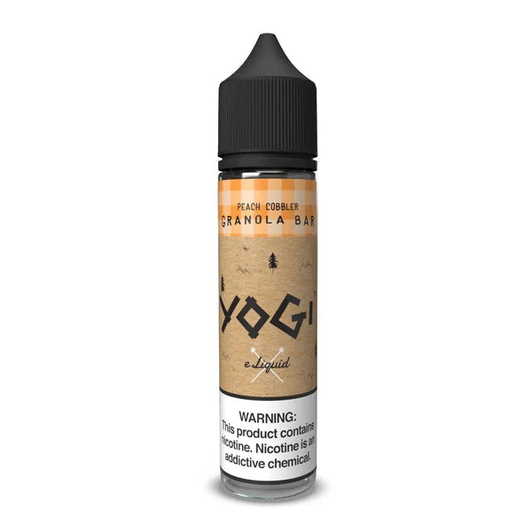 Peach Cobbler Granola Bar flavored Yogi E-Liquid 60mL bottle, showcasing the vibrant label and e-liquid packaging.