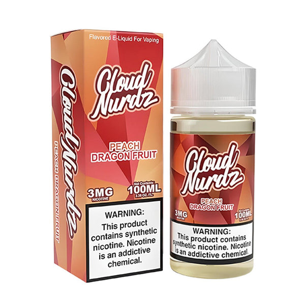 Peach and dragon fruit flavored Cloud Nurdz E-liquid 100mL bottle, vibrant design and colorful label on the product image.