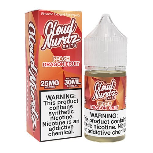 Cloud Nurdz Peach Dragon Fruit Salt e-liquid in 30mL bottle, vibrant peach and dragon fruit flavor for vaping.