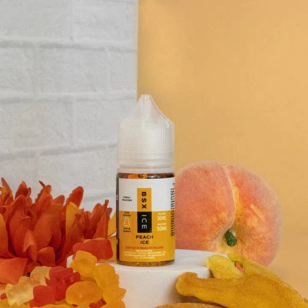 Peach ICE SALT e-liquid by BSX Vapor in a 30mL bottle, featuring a refreshing peach and cooling ice flavor.
